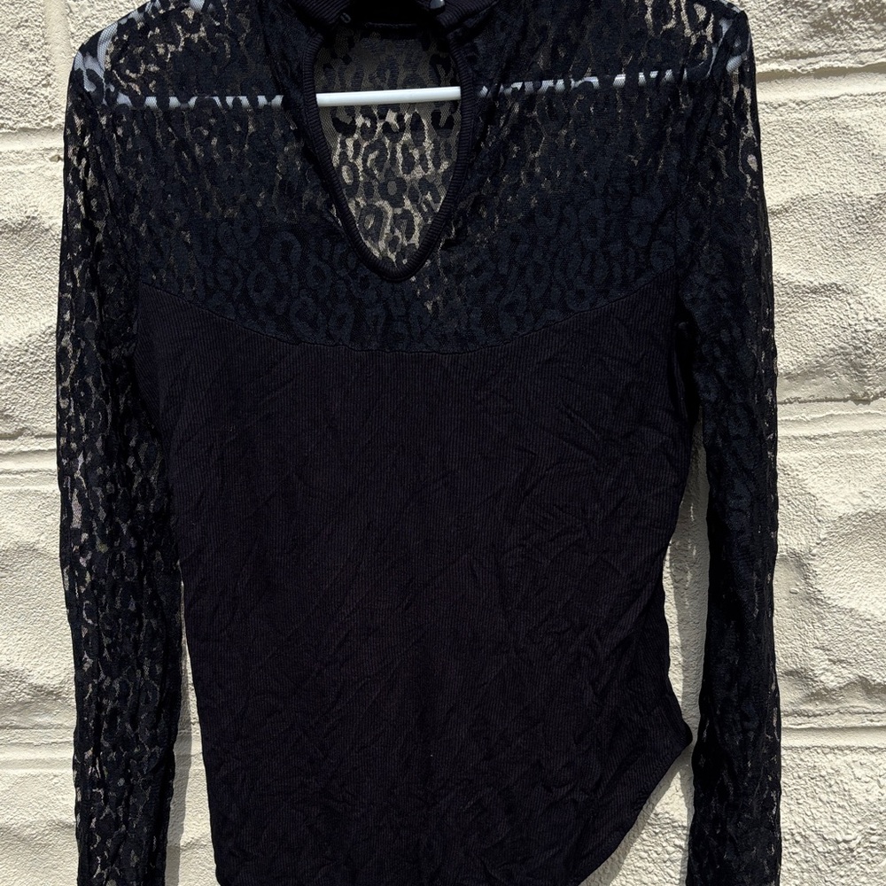 bebe Black Sheer Lace Long-Sleeve Top